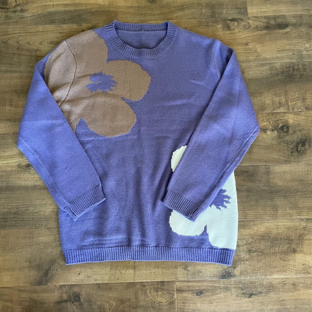 Shein Purple Oversized Floral Knit Sweater | Size Medium
